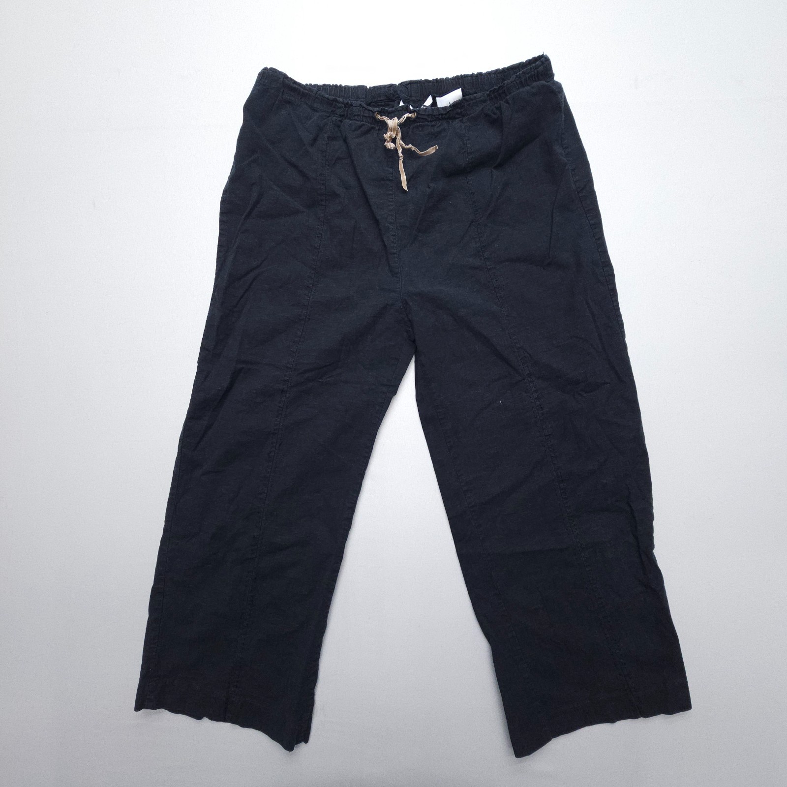 Kathy Ireland Linen Rayon Pull On Capri Crop Pants Size Large Black Flowy