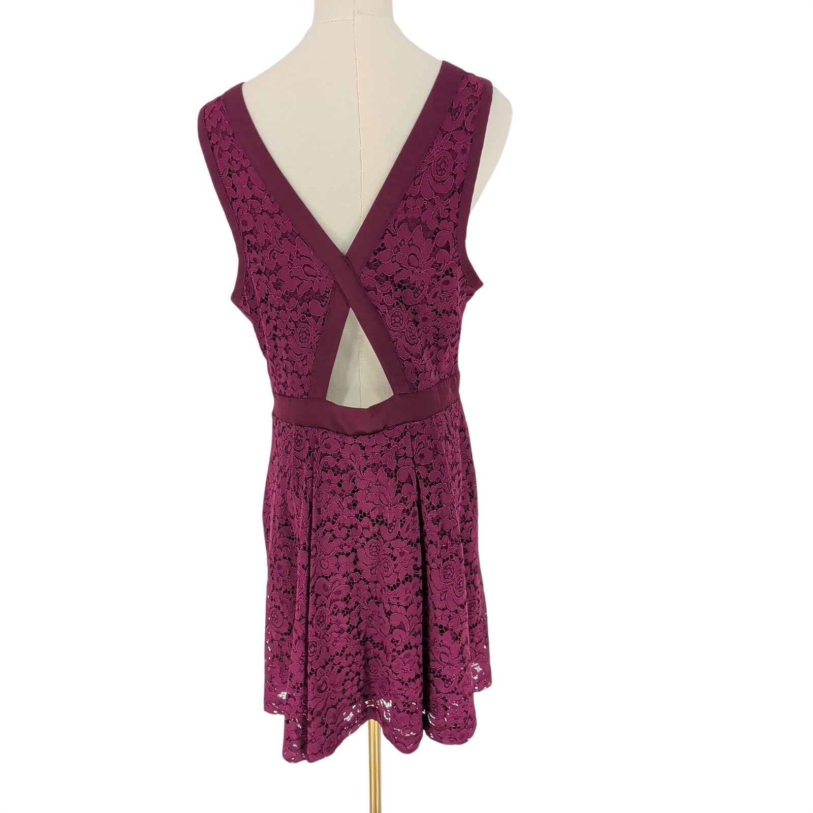 Free People M Burgundy Lace Mini Dress Plunge V Neck Open Back Boho
