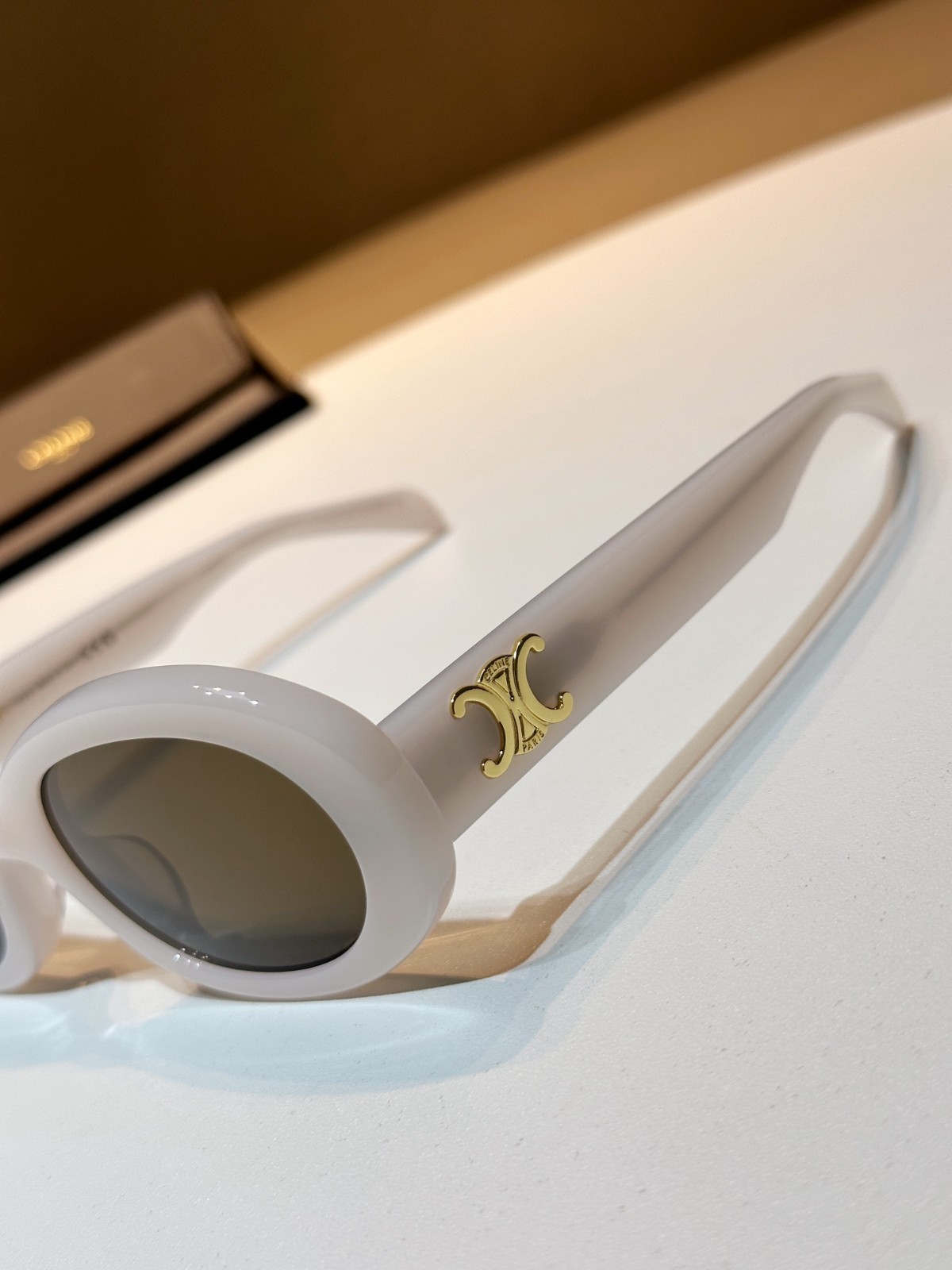Celine Triomphe Oval Sunglasses Off-White Acetate Gold Logo Designer Chic