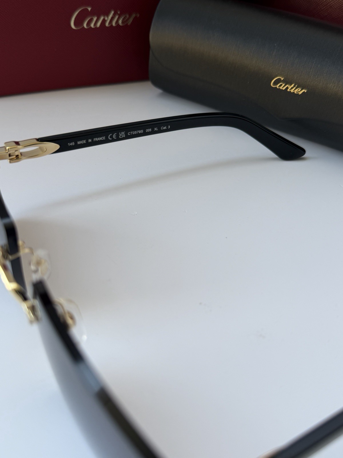 CARTIER CT0579S 005 Gold Black Dark Grey Lens Rectangular Sunglasses AUTHENTIC