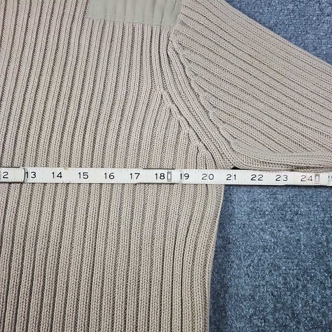 LL Bean Mens Medium Reg Commando Sweater Cotton Ribbed Elbow Patch 0BYK5 Khaki