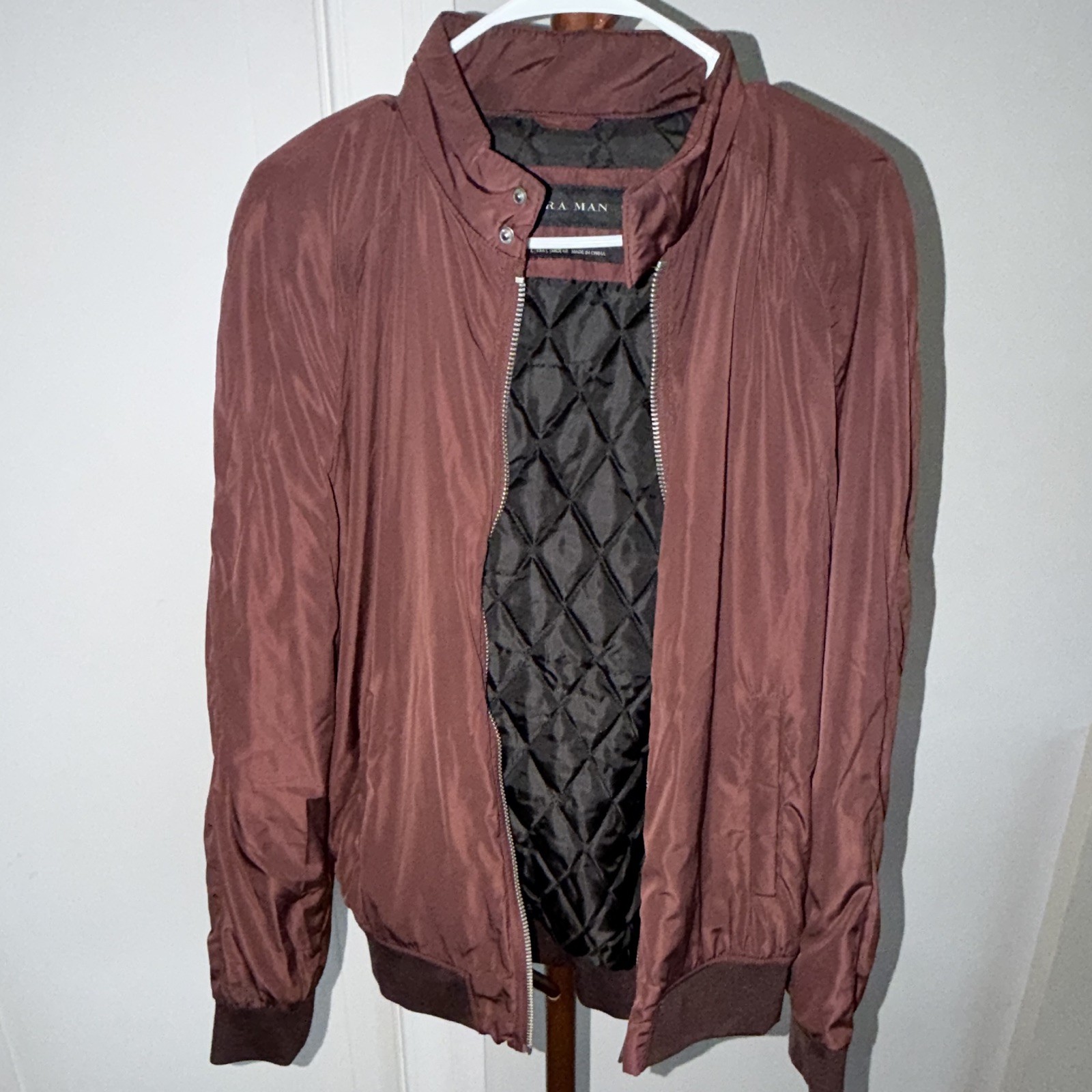 ZARA MAN Brown Full Zip Bomber Jacket Men’s L Regular Fit Lined Solid