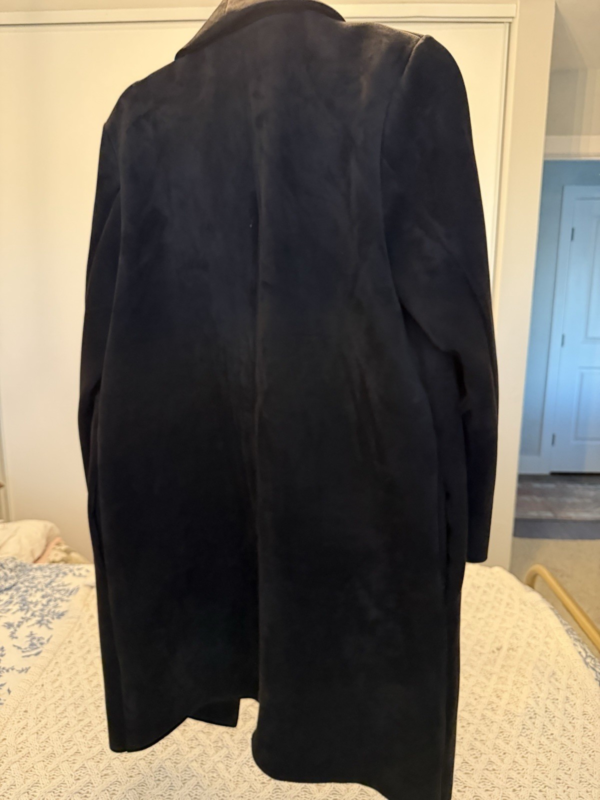 Tahari Petite Black Long Open Front Blazer Coat Size L Faux Leather Trim