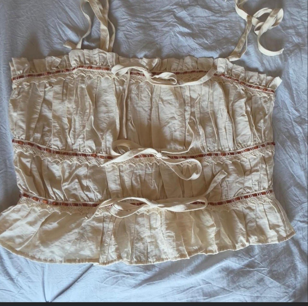 Thirty/Thirty LA L Beige Boho Lace Ribbon Trim Ruffle Bow Tank Top Tie Smocked