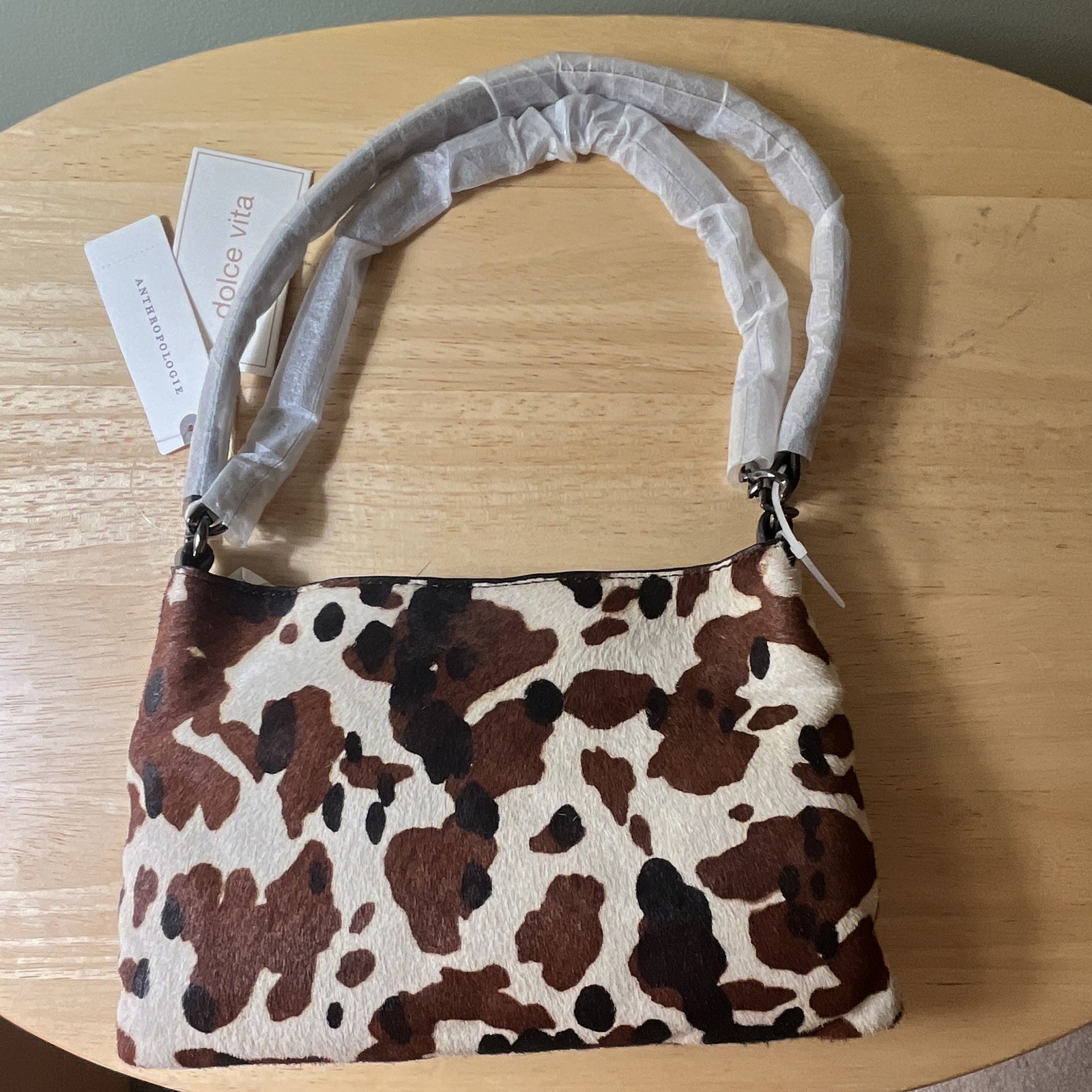 Dolce Vita Cow Print Animal Top Handle Bag, Zip Closure, Brown White Black