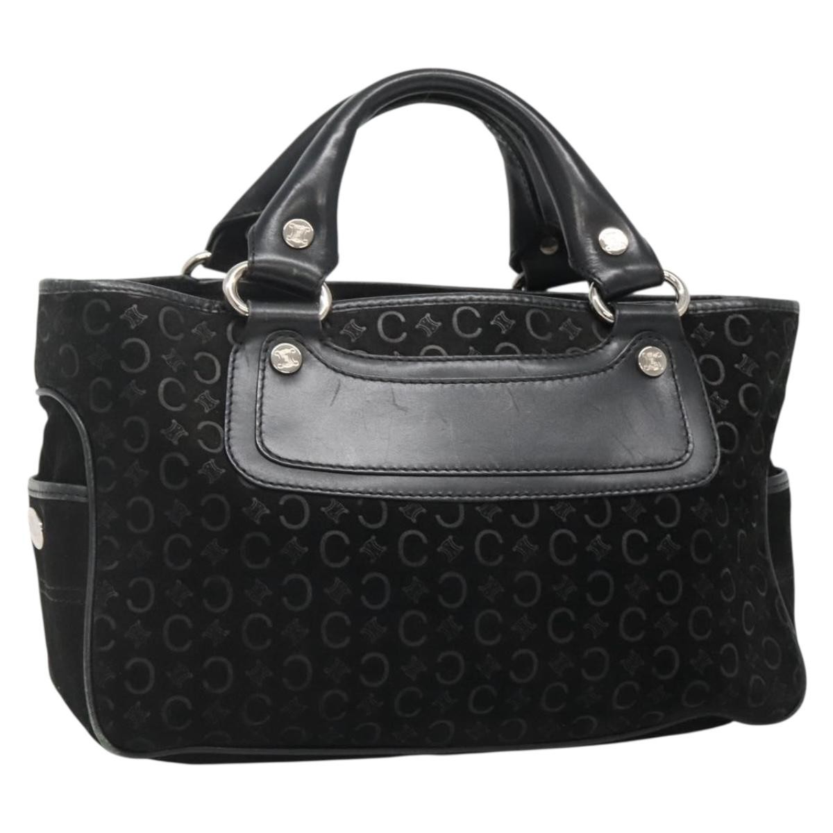 CELINE C Macadam Canvas Hand Bag Suede Black Silver Auth 138370
