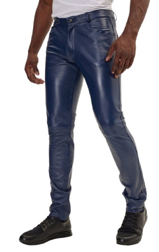 Leather Pants Men’s Jeans Real Style Pant Biker Men Trousers Motorcycle Blue 57