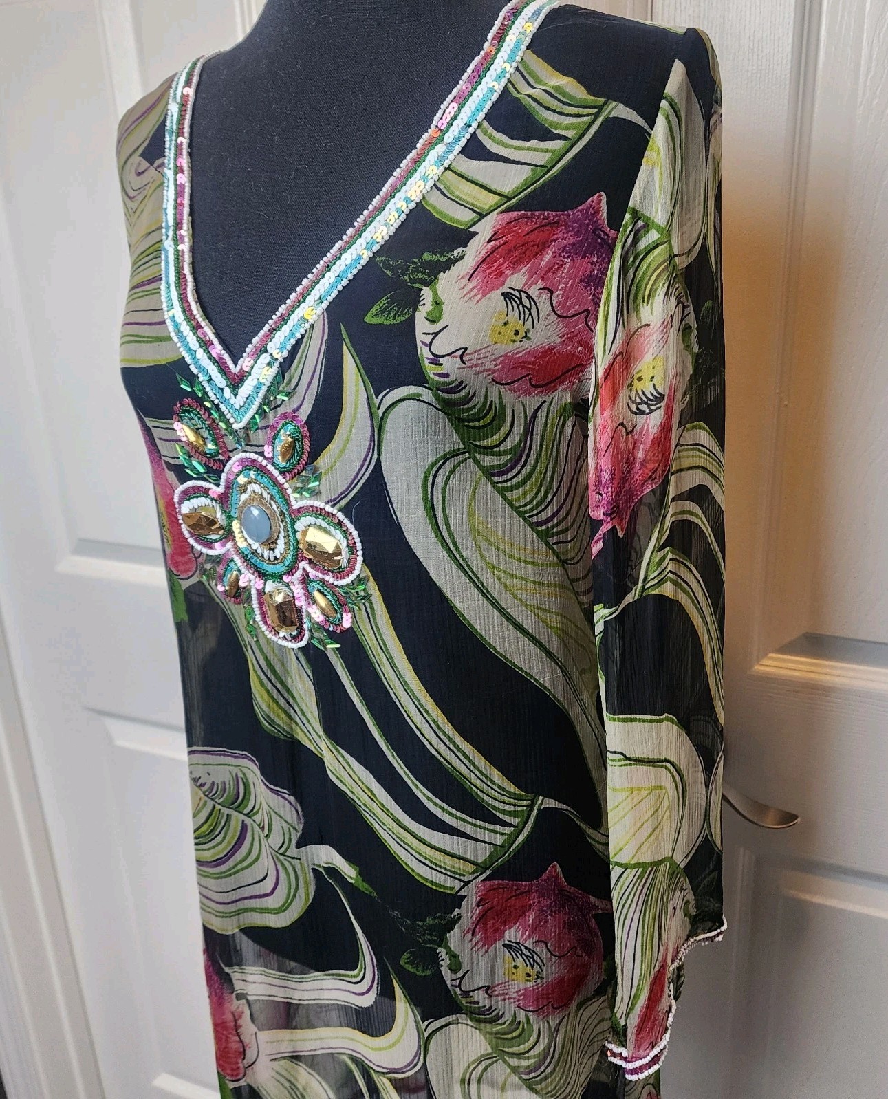 S Embellished Sequin Sheer Cover Up Dress Top Black Floral Resort Cruise Beach