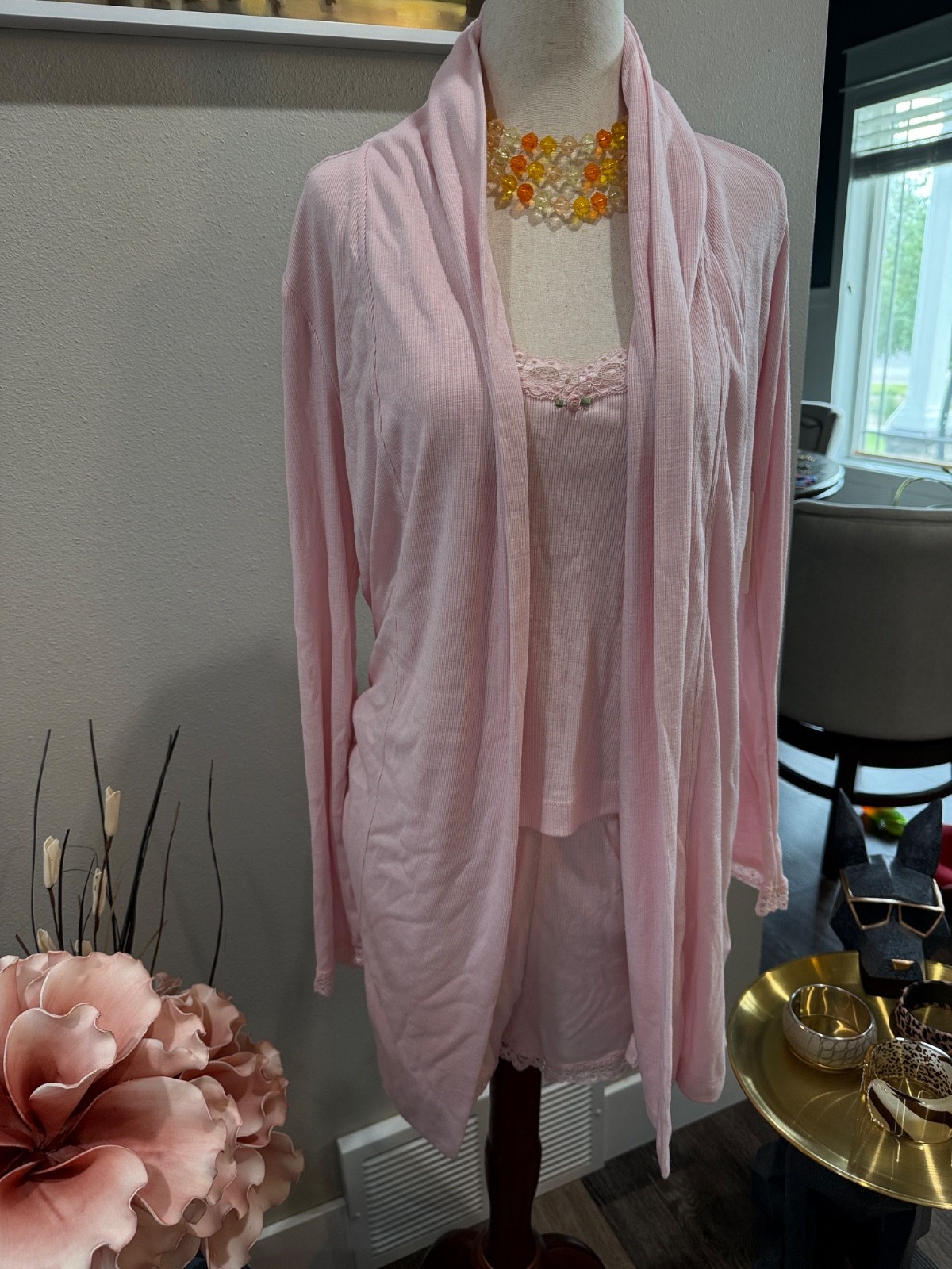 NWT 3 piece pajama set – camisole, robe and shorts – pink