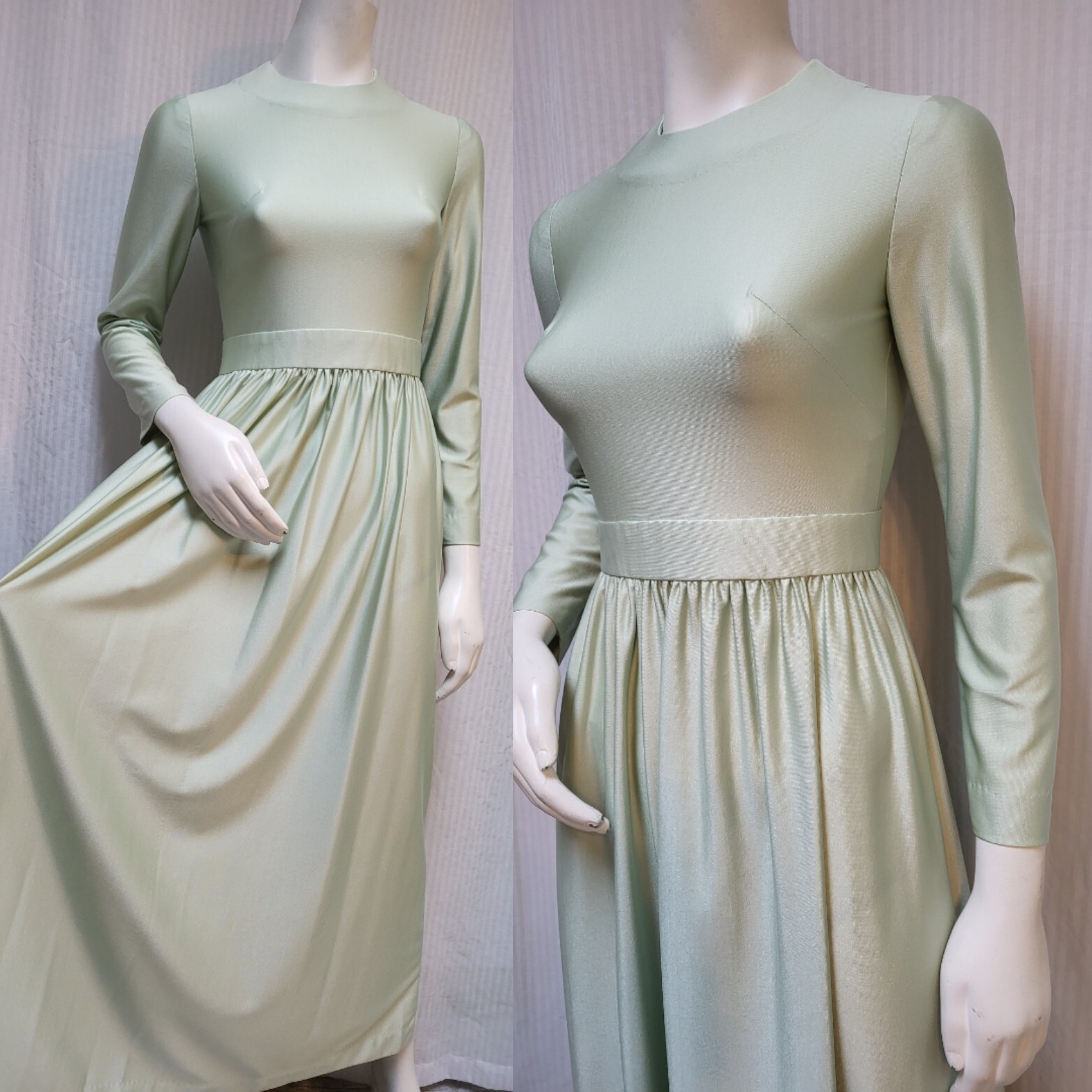 Vintage 1960s Pale Green Jersey Knit Maxi Dress – Size XS/S – EUC