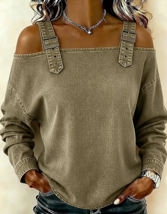 Women Off Shoulder Long Sleeve Top Adjustable Strap Loose Denim Casual Blouse