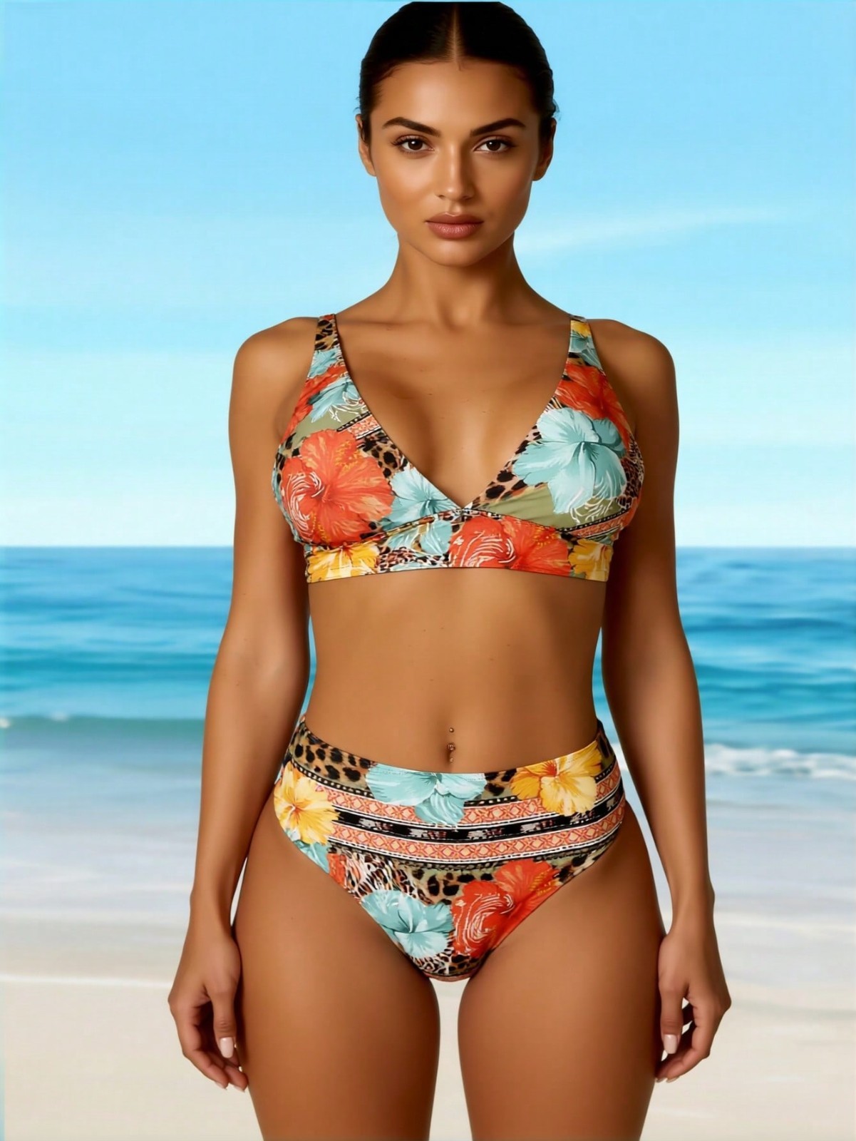 Hawaiian Floral & Animal Print Swimwear, Mid Waist Tummy Control Two-Piece Swims