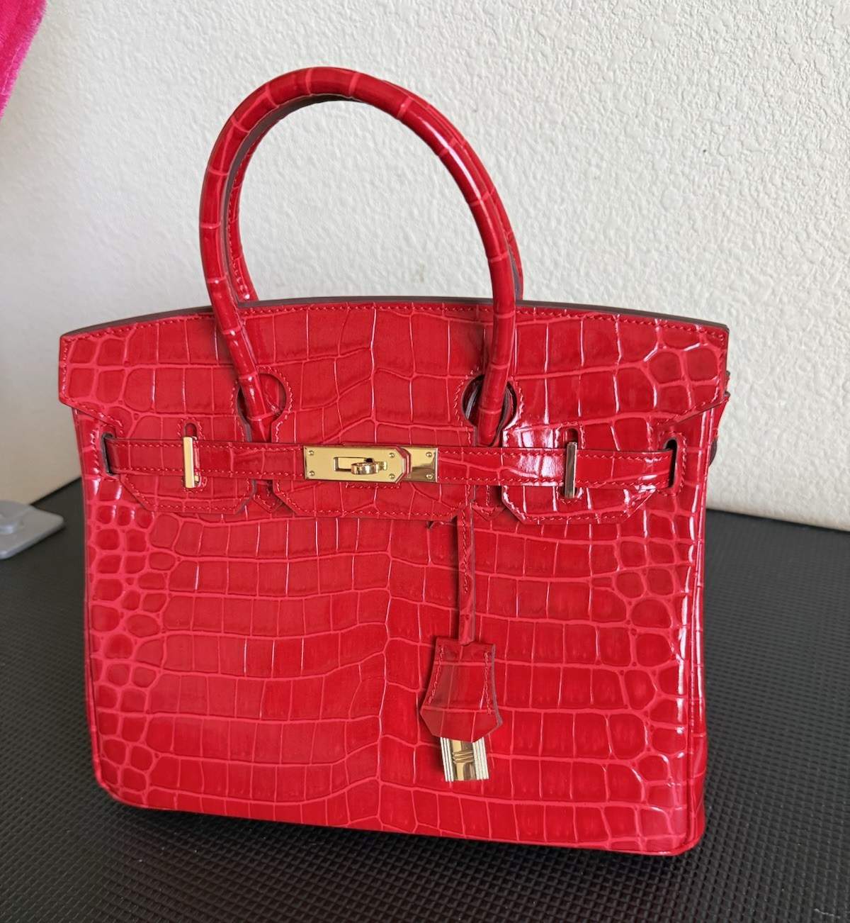 Red Crocodile Embossed Patent Satchel Top Handle, Gold Hardware, Lock, Pockets
