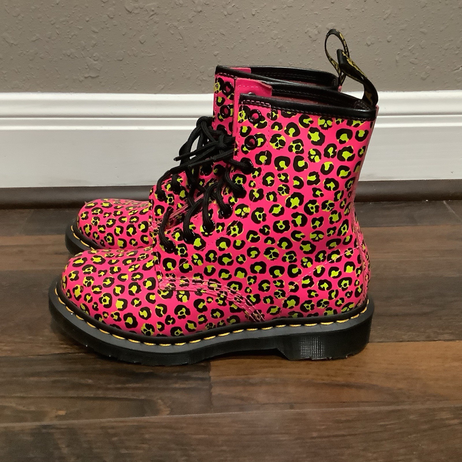 Dr Martens New 1460 Neon Pink Lime Leopard Print Patent Leather Boots Womens 6