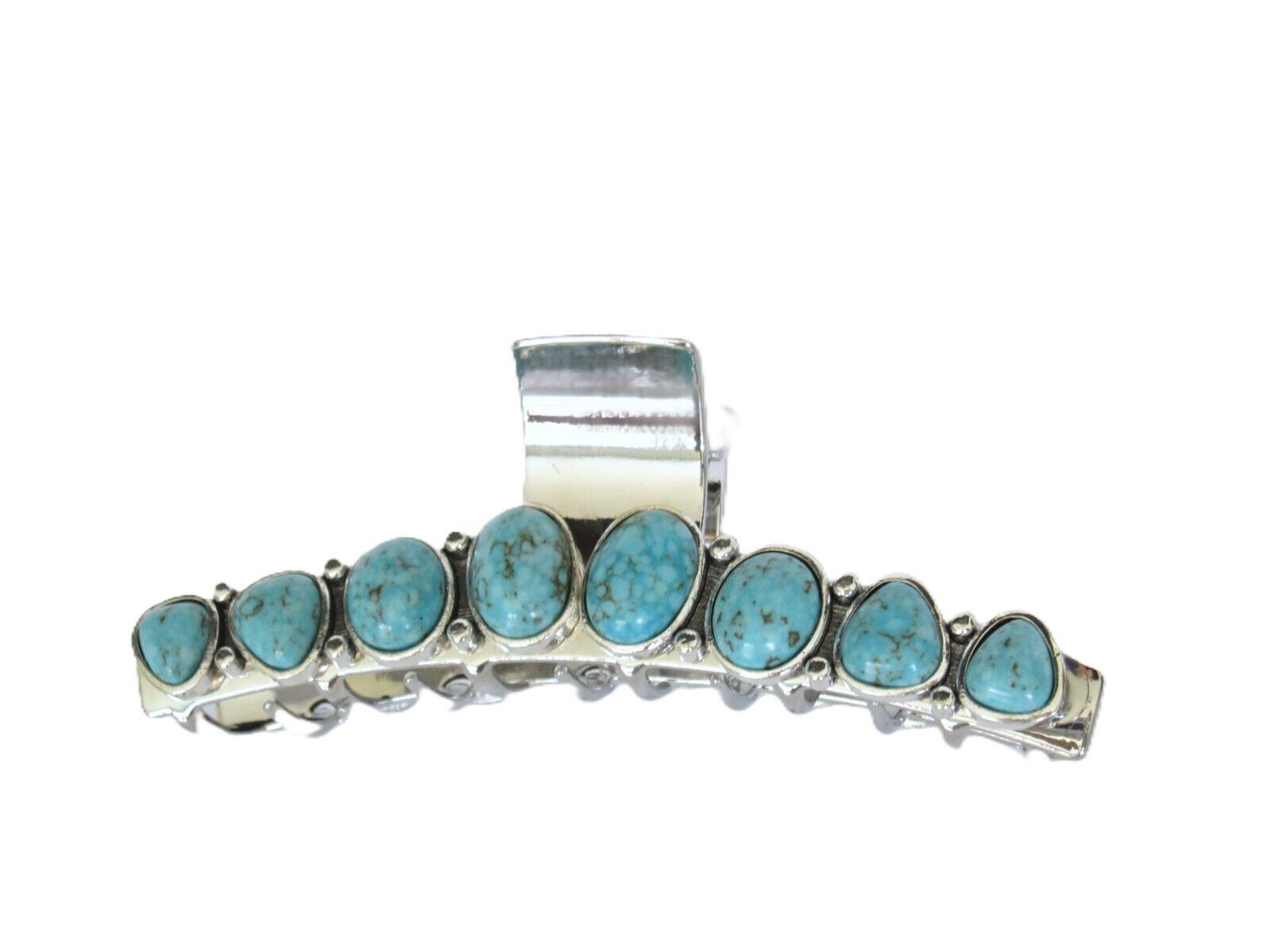 Long turquoise blue stone silver western style metal hair claw