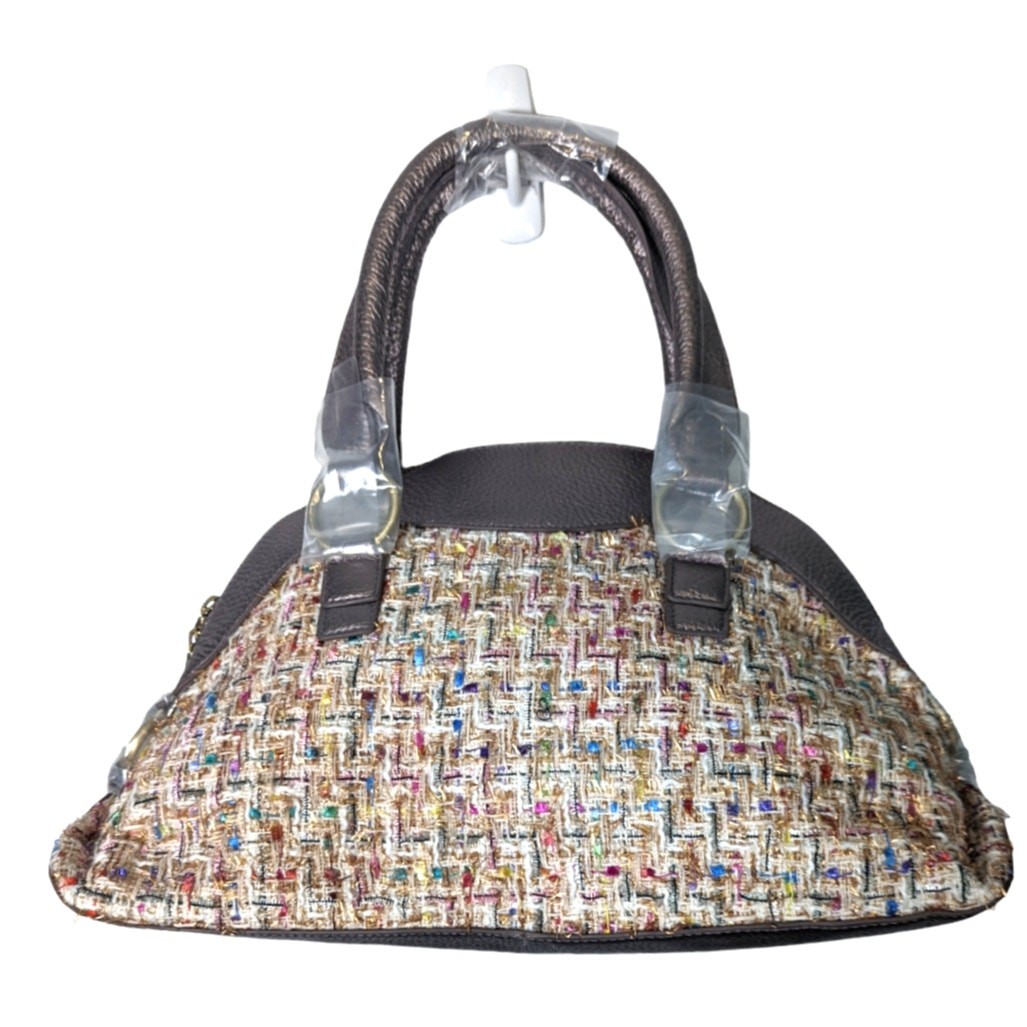 JW Hulme Maureen Satchel Bag Tweed & Leather Dome Top Handle Pewter Accents NWT