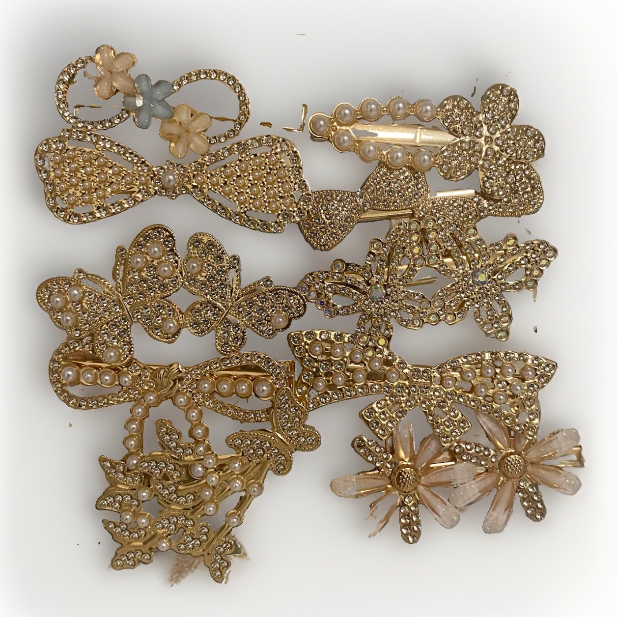 Set of 10 Rhinestone Faux Pearl Hair Pins-bow-butterfly-flower Design NEW