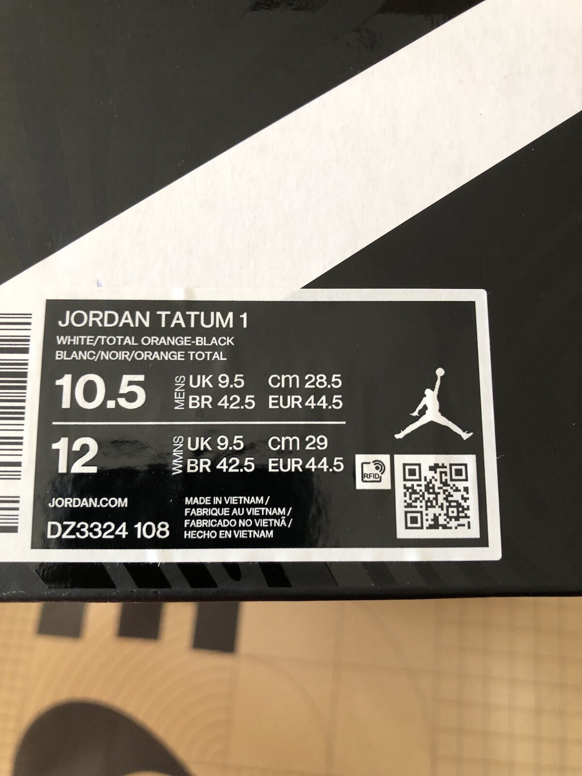Nike Jordan Tatum 1 White|Orange |Black Home Team DZ3324-108 Men Size 10.5
