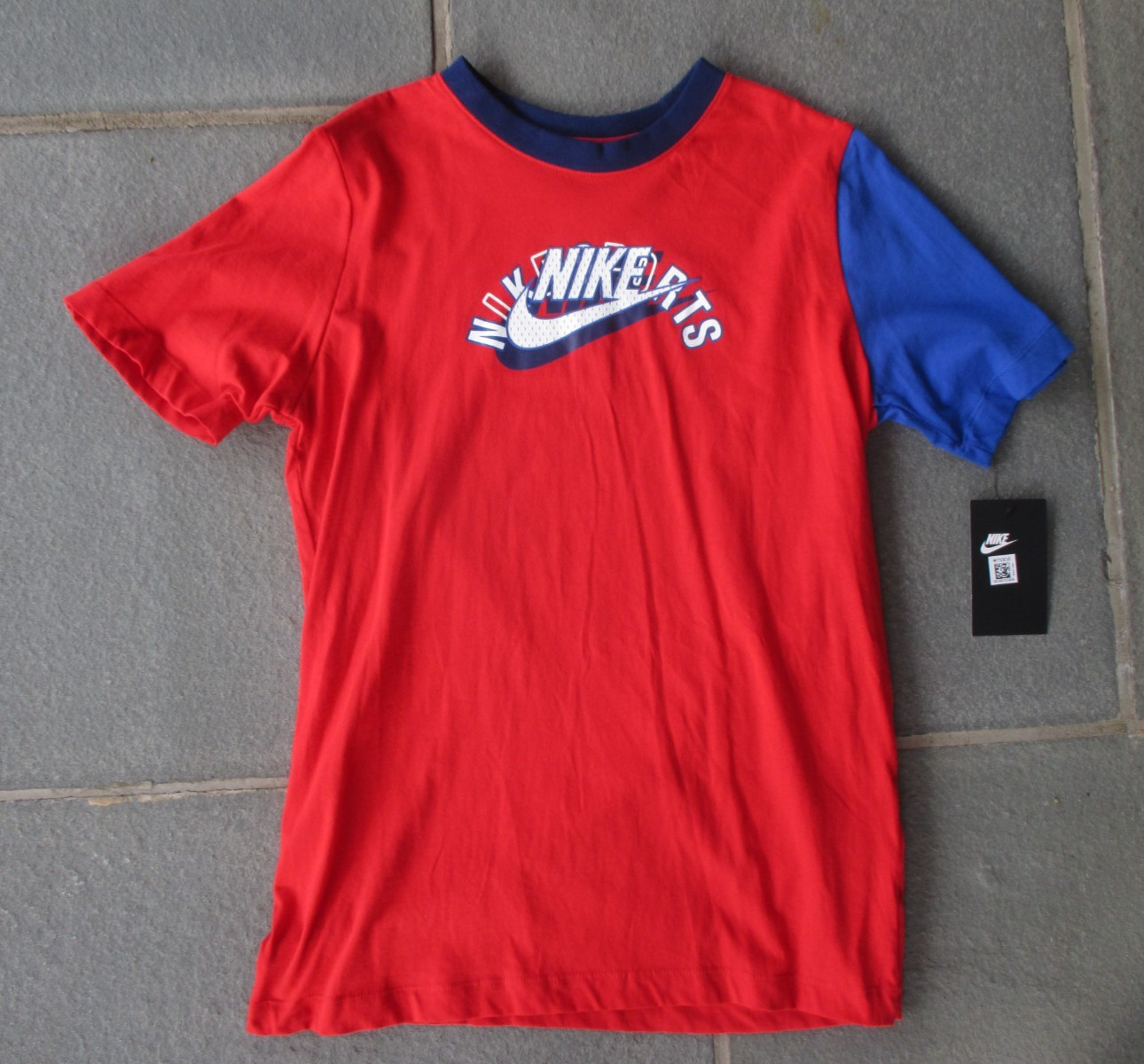 NIKE Tee Boy RED Blue Sports LOGO Graphic T-SHIRT Short Sleve Color Block XL