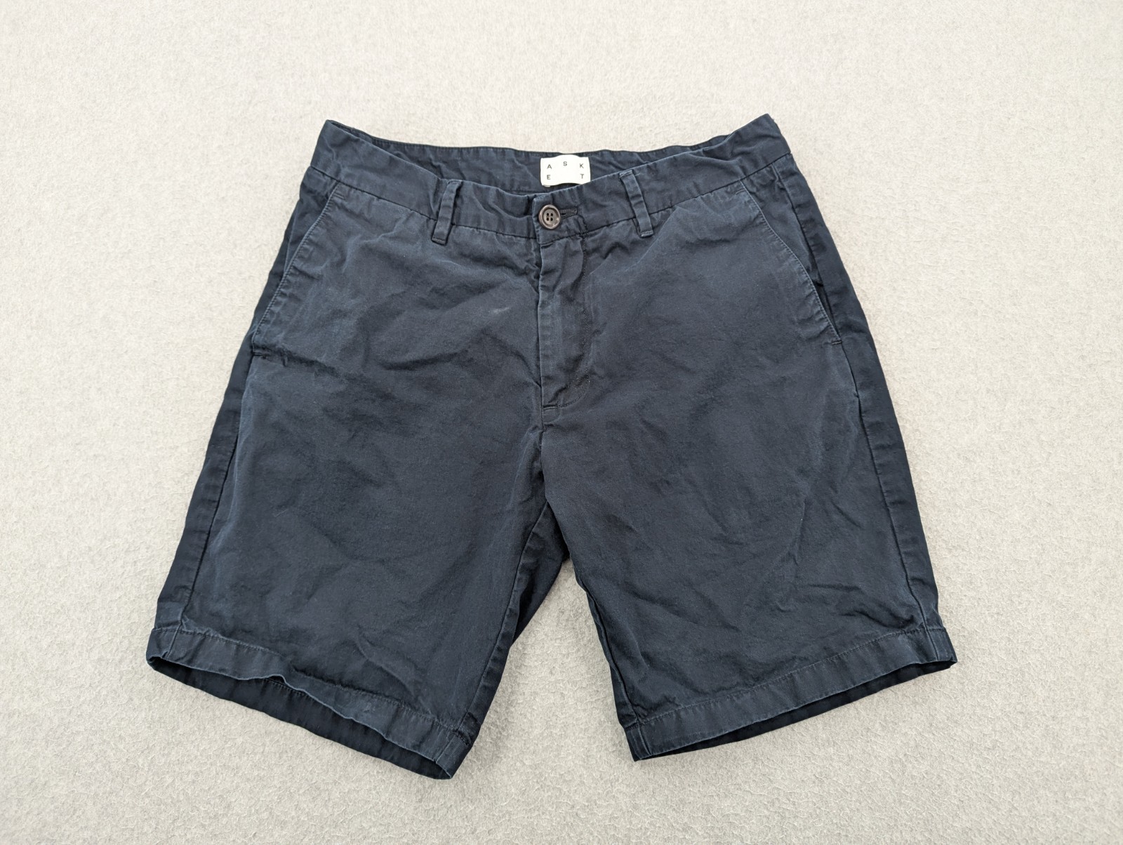 Asket The Shorts Mens 28 Organic Cotton Navy Blue Slim Fit Chino Preppy 8″ *READ