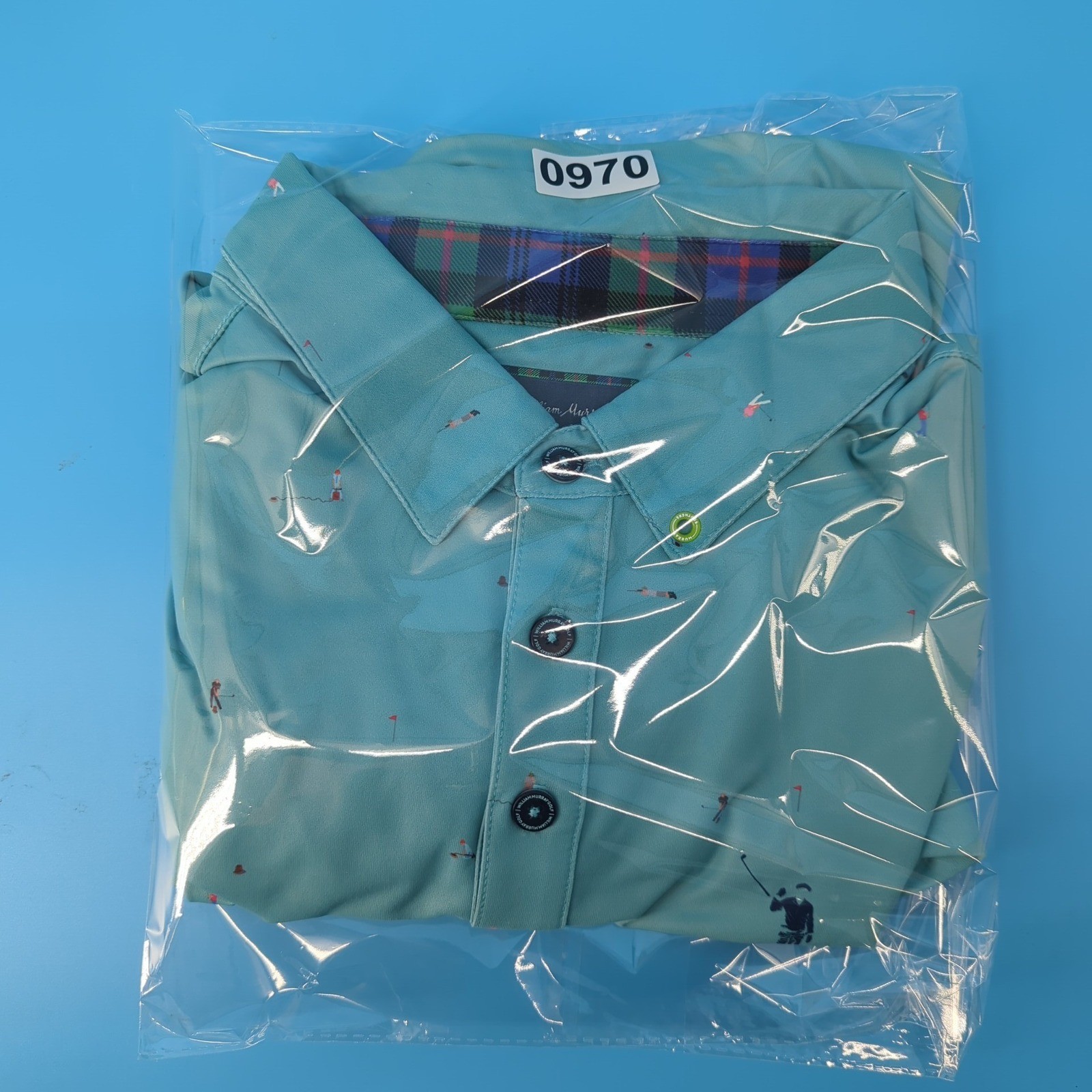 William Murray Mens Medium Golf Polo Shirt Teal Blue Novelty Print Short Sleeve