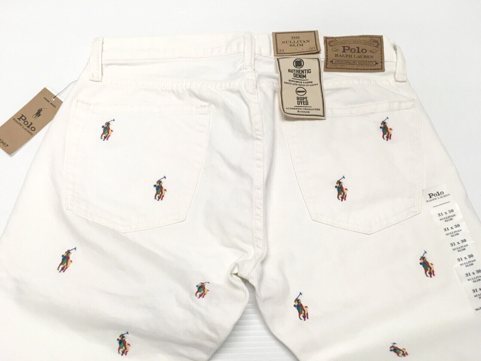 Polo Ralph Lauren Allover Pony Embroidered Varsity Preppy Royal White Slim Jeans