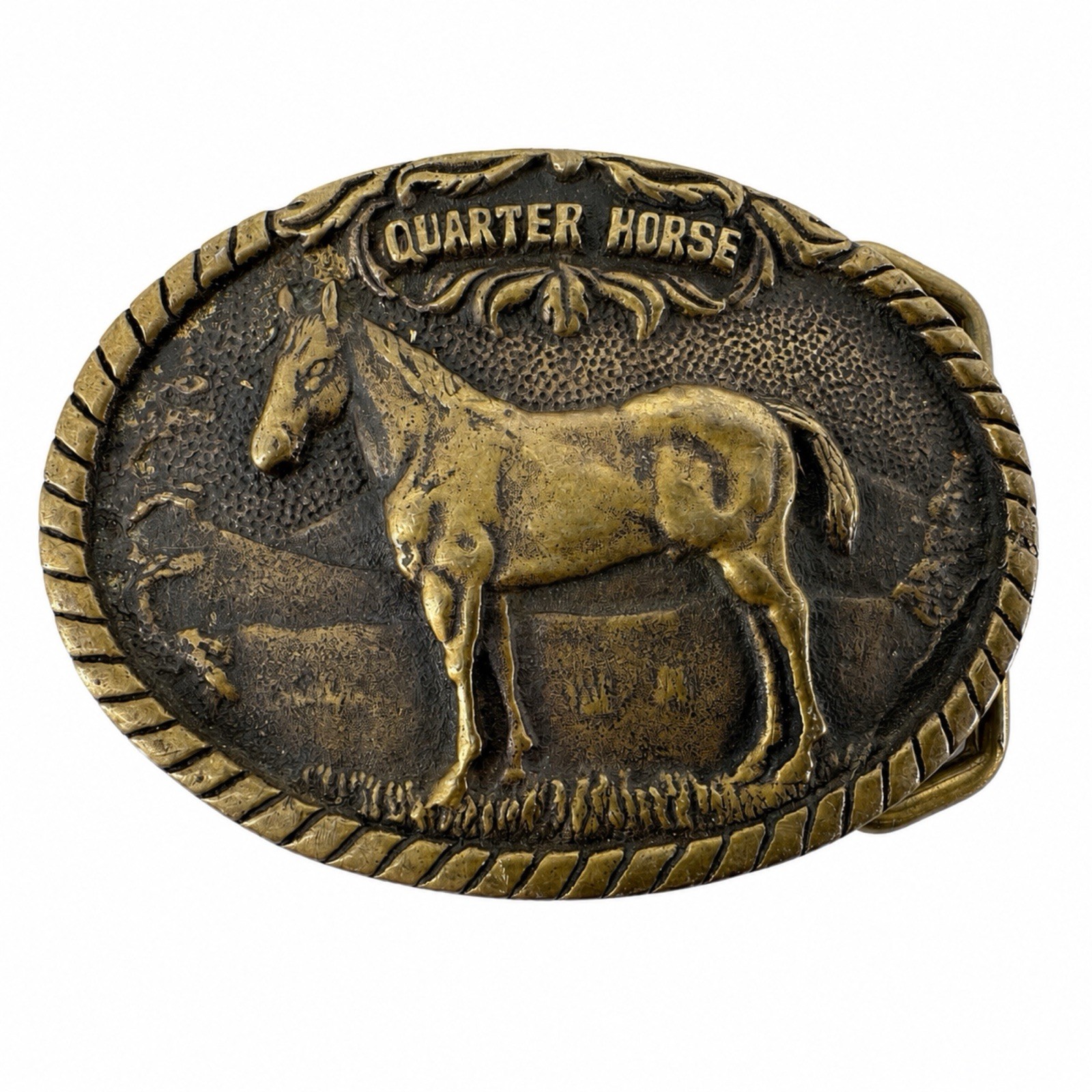 BTS Quarter Horse Belt Buckle Solid Brass 1977 Made USA Western 3.5in Vintage