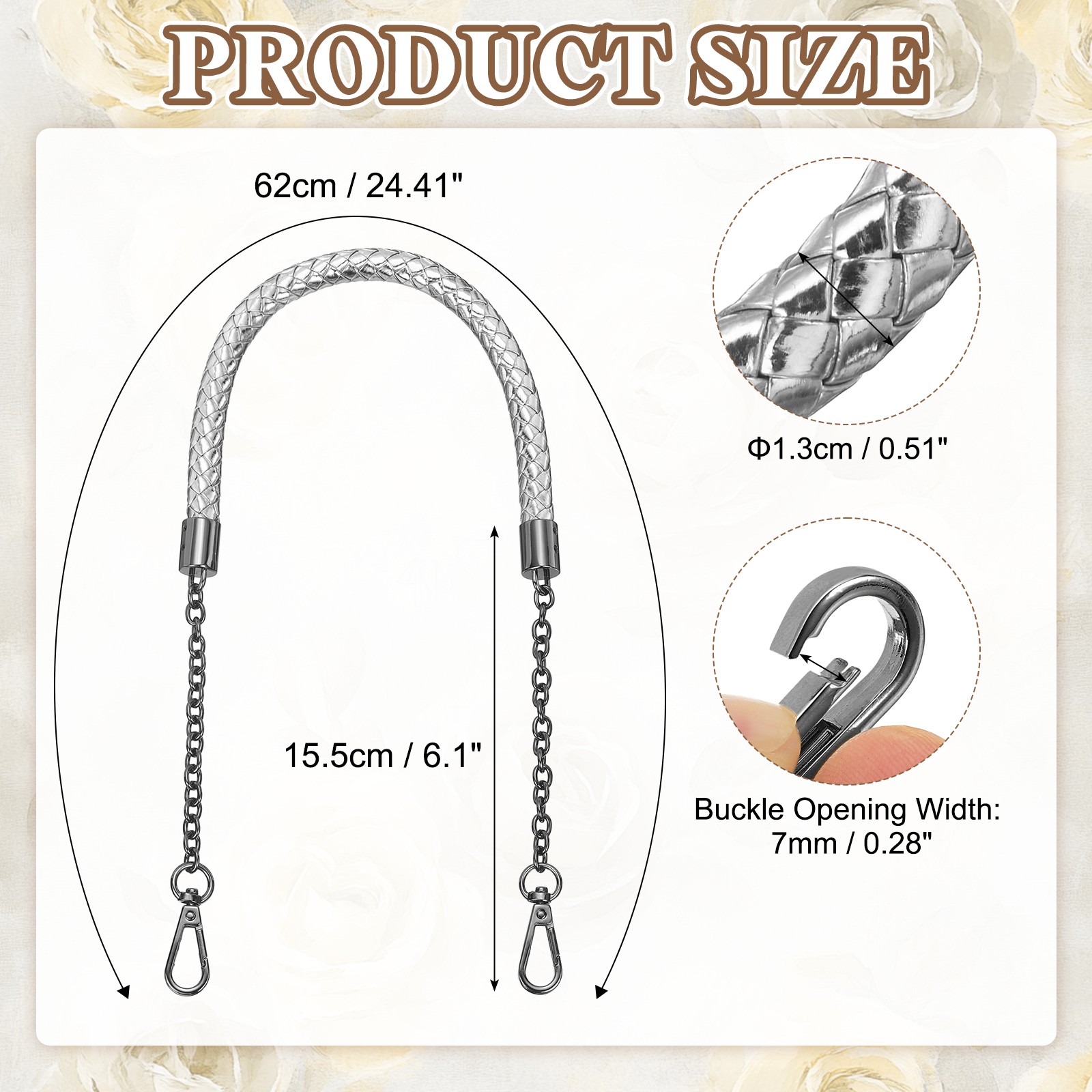 62cm/24.4″ PU Leather Braided Purse Strap Silver, Black Buckle