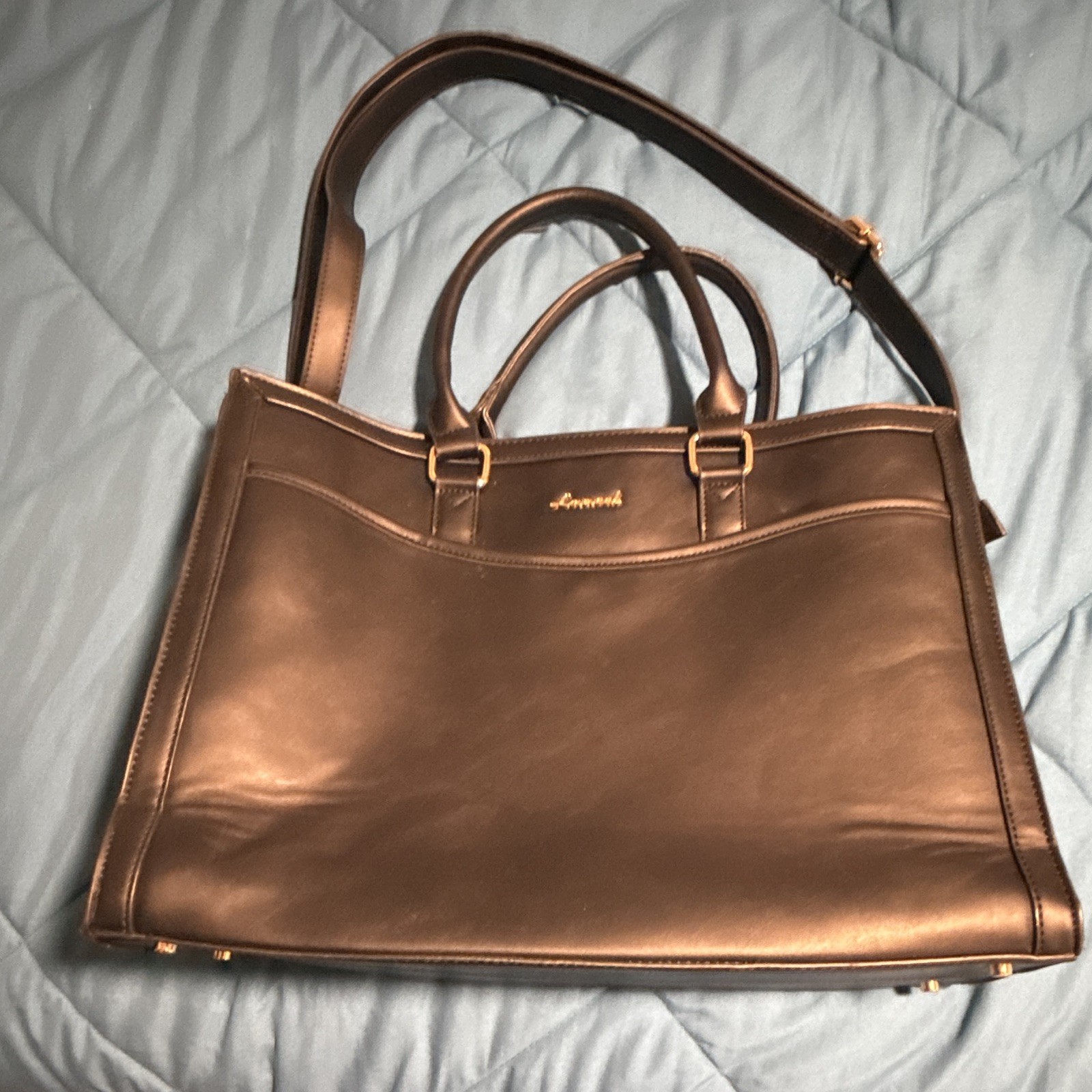 LOVEVOOK Black Large laptop Bag Zip Closure, Detachable Strap, Gold Hardware