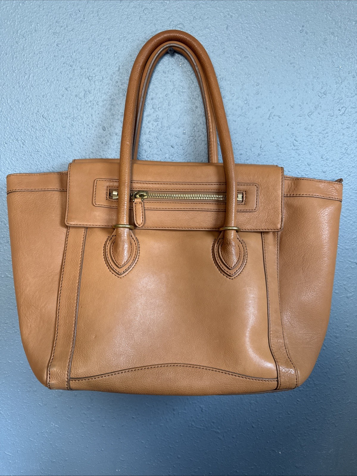 Vintage J. Crew Tan Leather Tote Bag Celine Luggage Style Zipper Satchel Purse