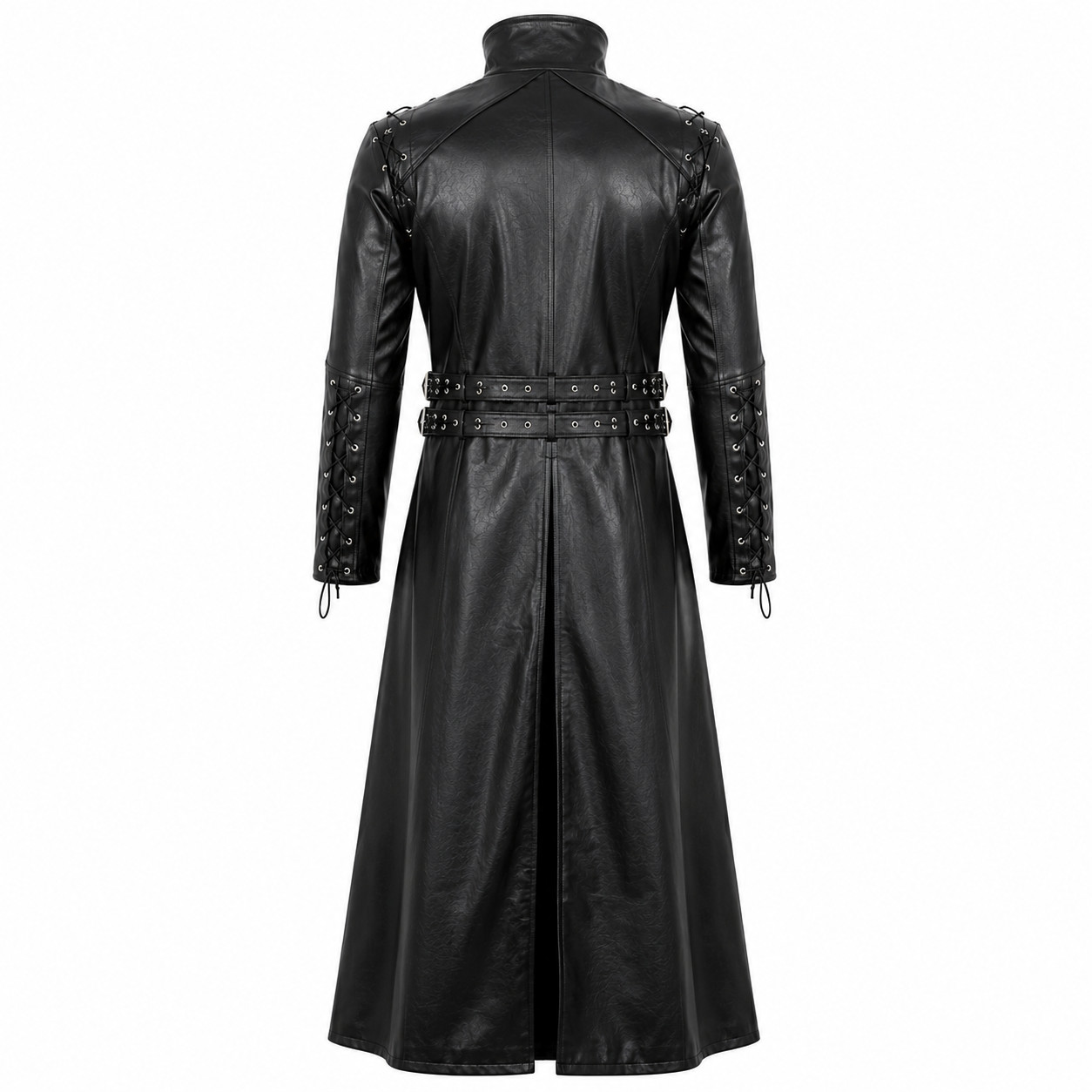 Mens Black Real Leather Gothic Trench Coat Steampunk Lace Up Sleeves Handmade