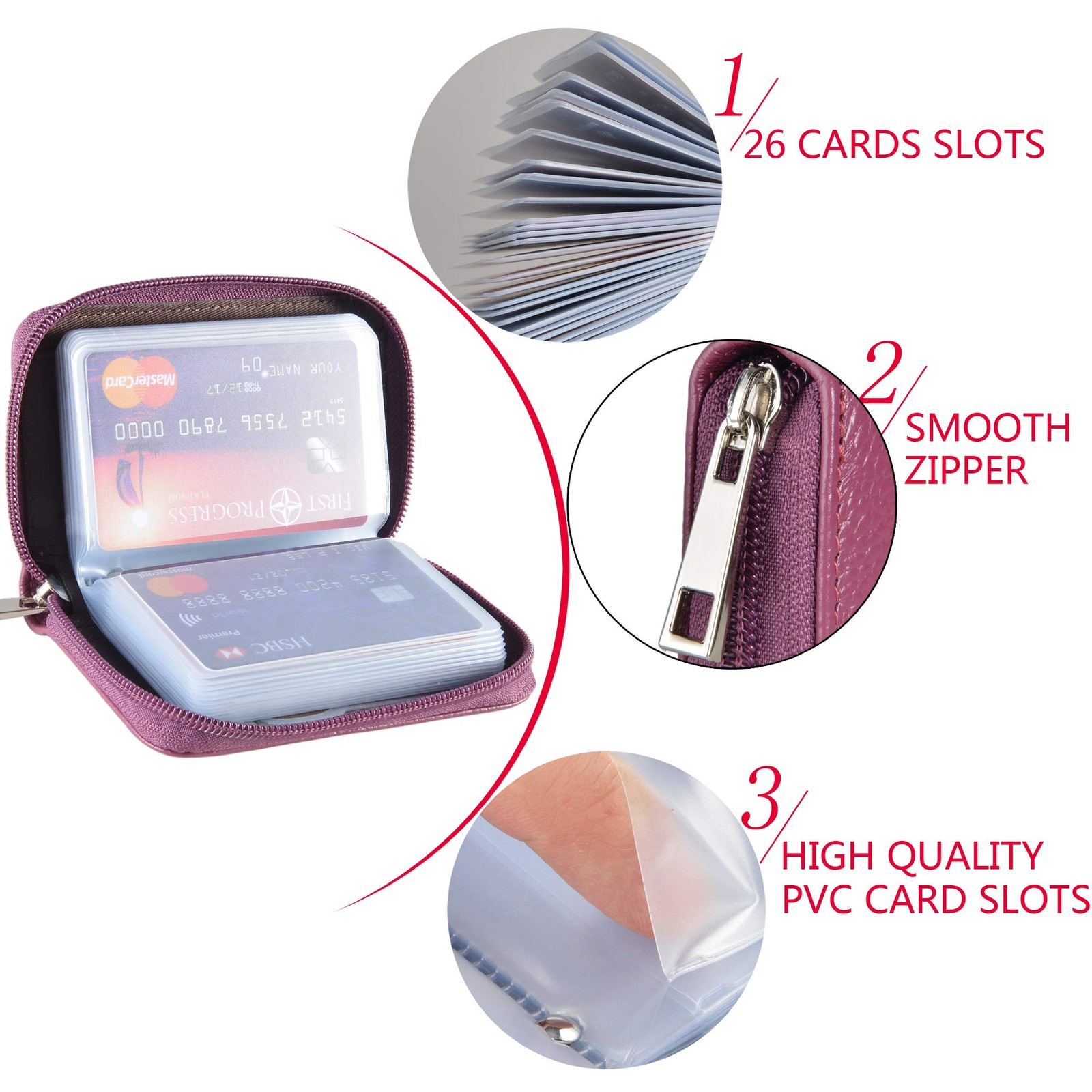 Genuine Leather Credit Card Holder Zipper Wallet With 26 Card Slots (Purple)