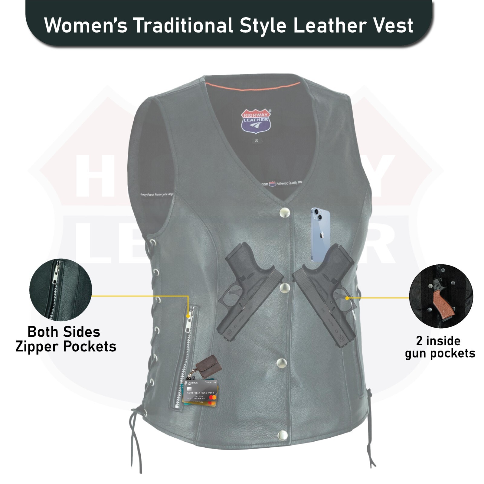 Women’s Motorcycle Side Lace Leather Vest Zipper Pockets 2 Gun Pocket HL14851SPT