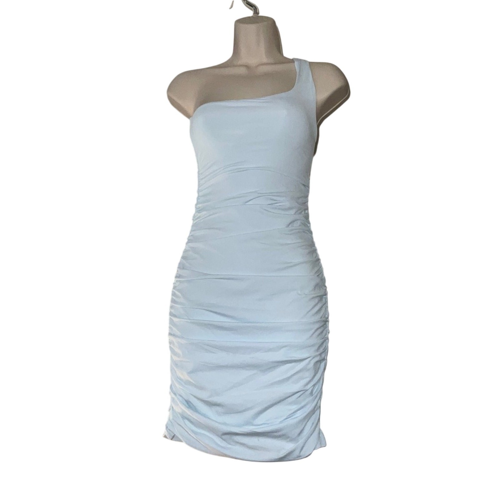 Babaton Aritzia One Shoulder Ruched Bodycon Mini Dress Ice Blue Size XS NWOT