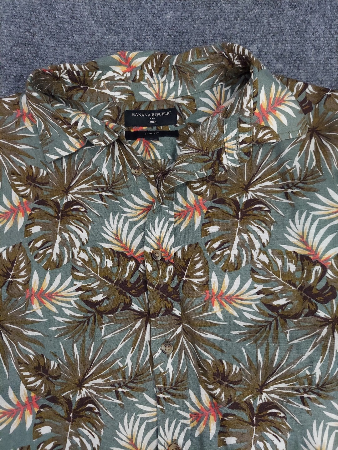 Banana Republic Linen Shirt Mens Large Hawaiian Slim Fit Beach Safari Leaves