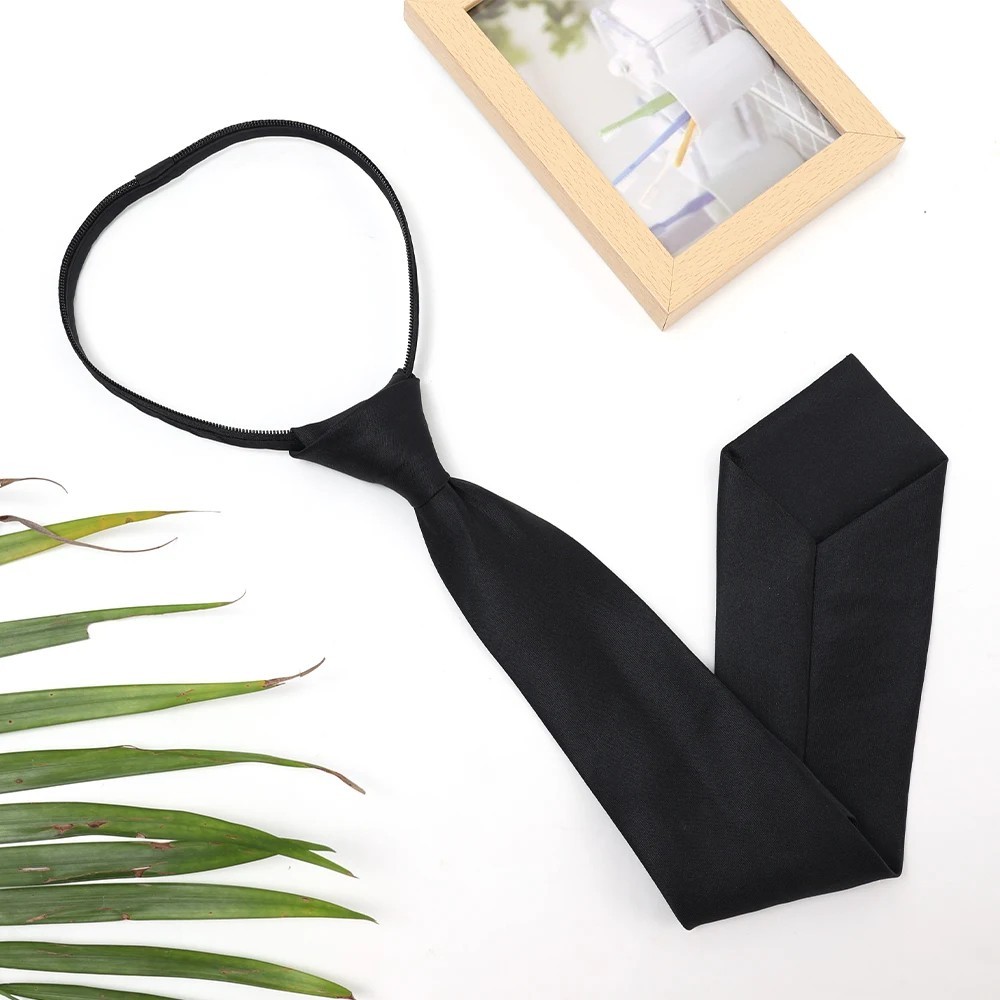 Men’s Black Pre-Tied Zipper Necktie Adjustable Polyester Office Formal Work Tie