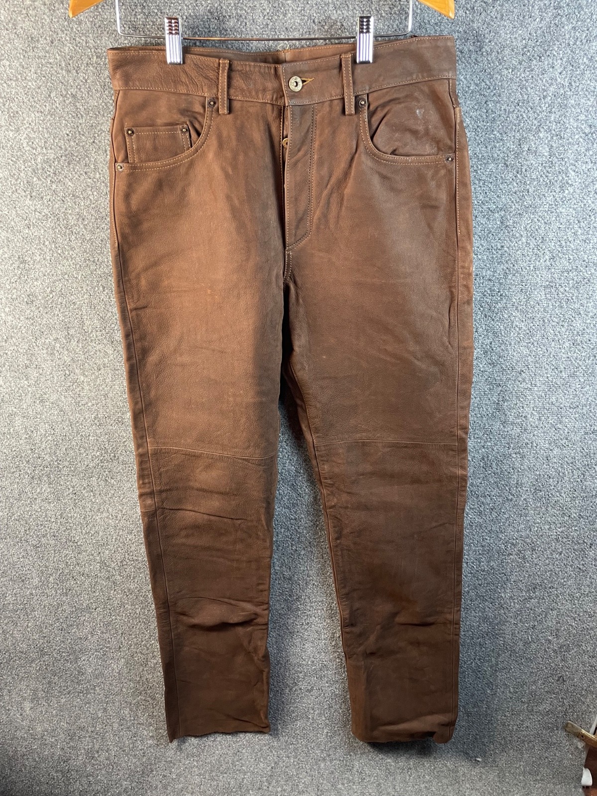 VACHETTE Button Down Viscose Jeans 34 Brown Cowhide Leather Mens