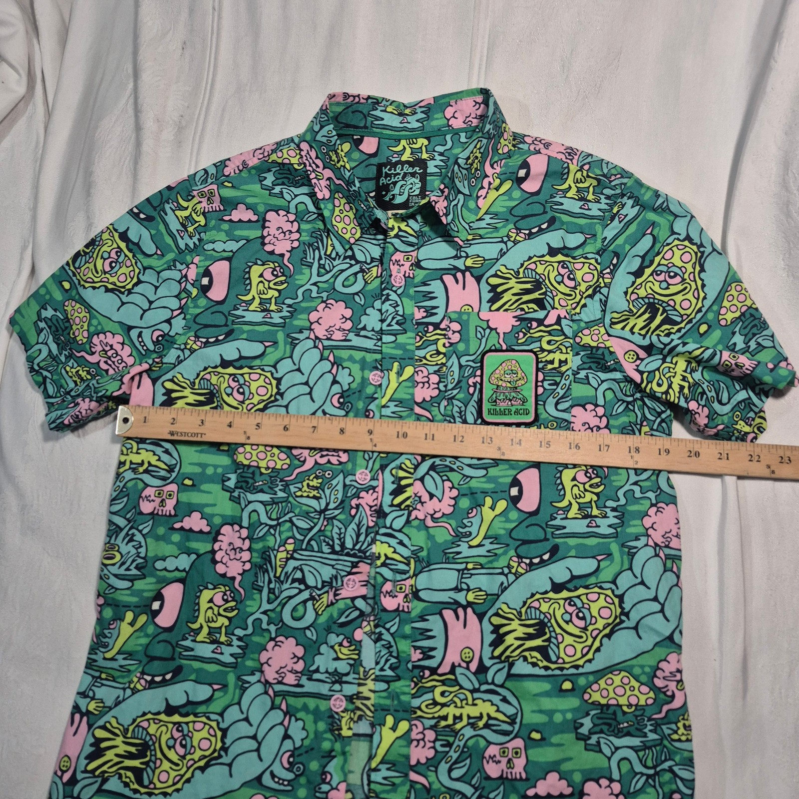 KILLER ACID CAMP SHIRT BUTTON UP SHORT SLEEVE WITH TRIPPY AOP MENS SMALL