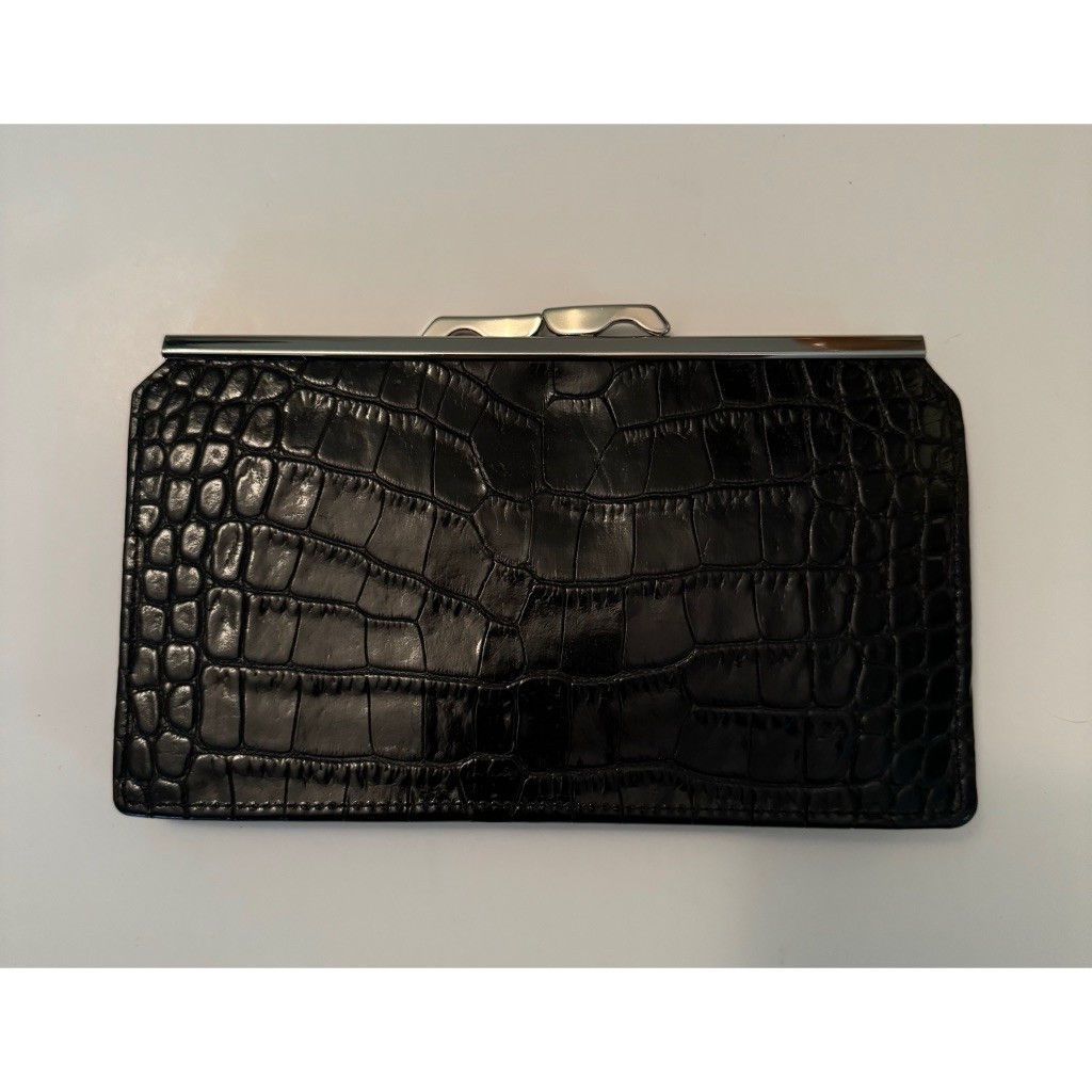 [Abas] Black Embossed Leather Clutch Wallet Silver Hardware 8 Card Slots