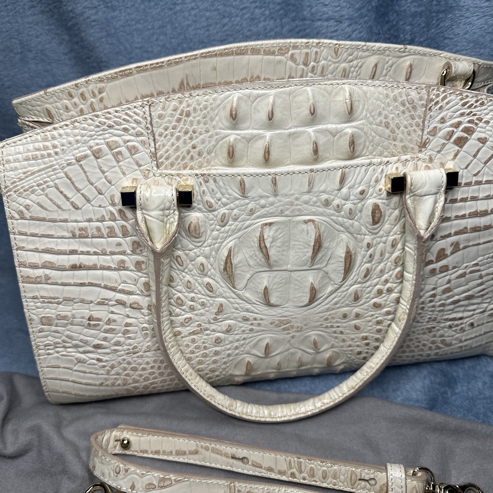 Brahmin Greta Satchel Bag With Crossbody Strap Cream Gold Croc Embossed