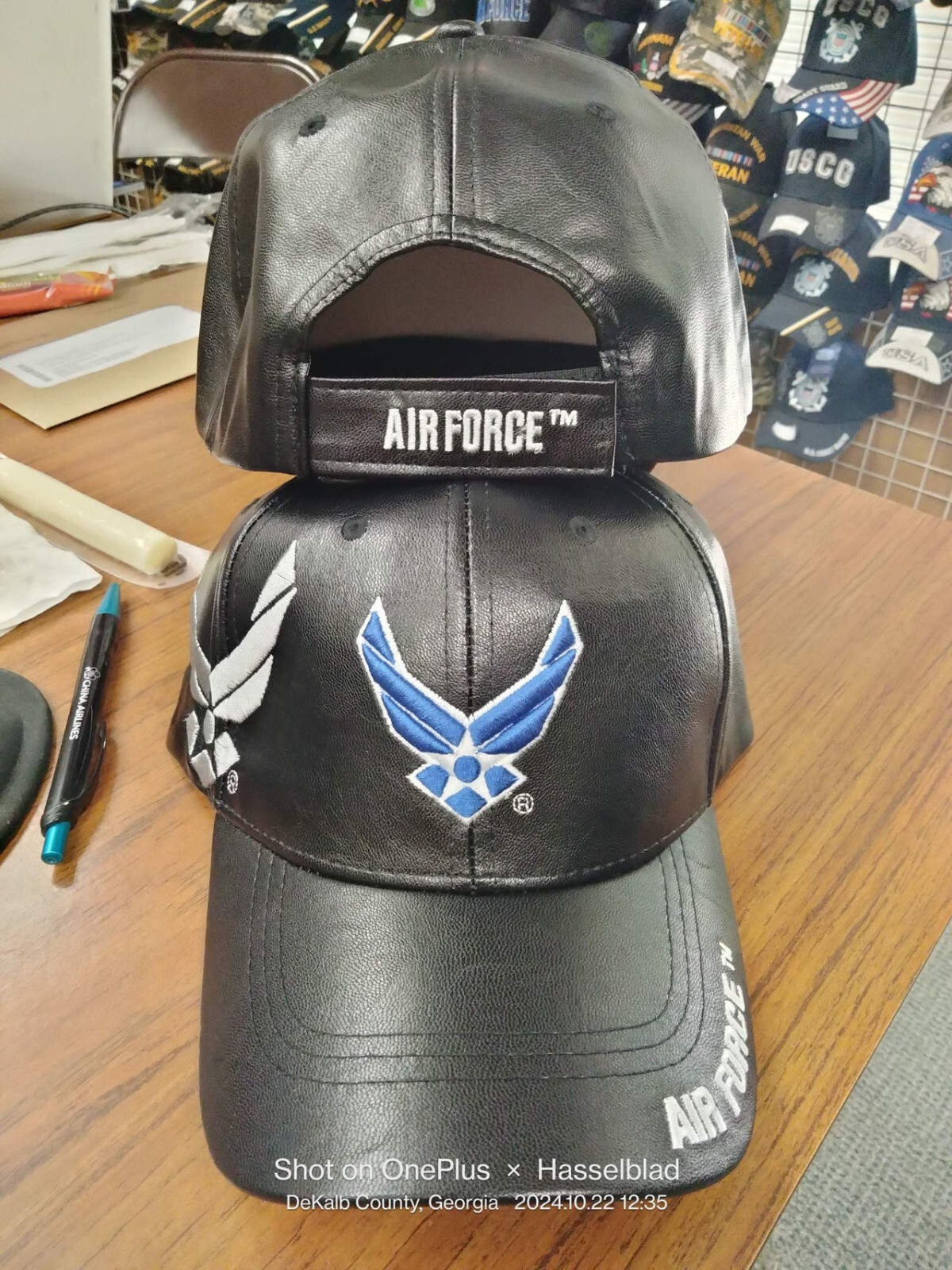 USAF Air Force Black PU Faux Leather 3D Bold Embroidery Military Licensed Cap