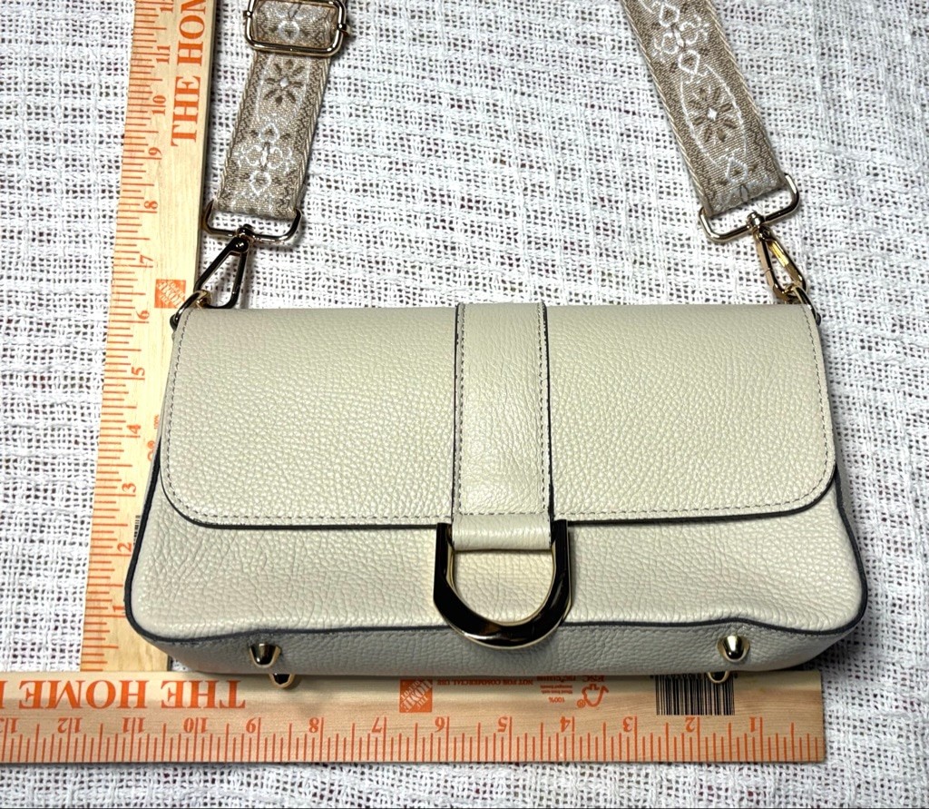 Divina Firenze Ivory Italian Leather Flap Bagette w/Substitute Embroidered Strap