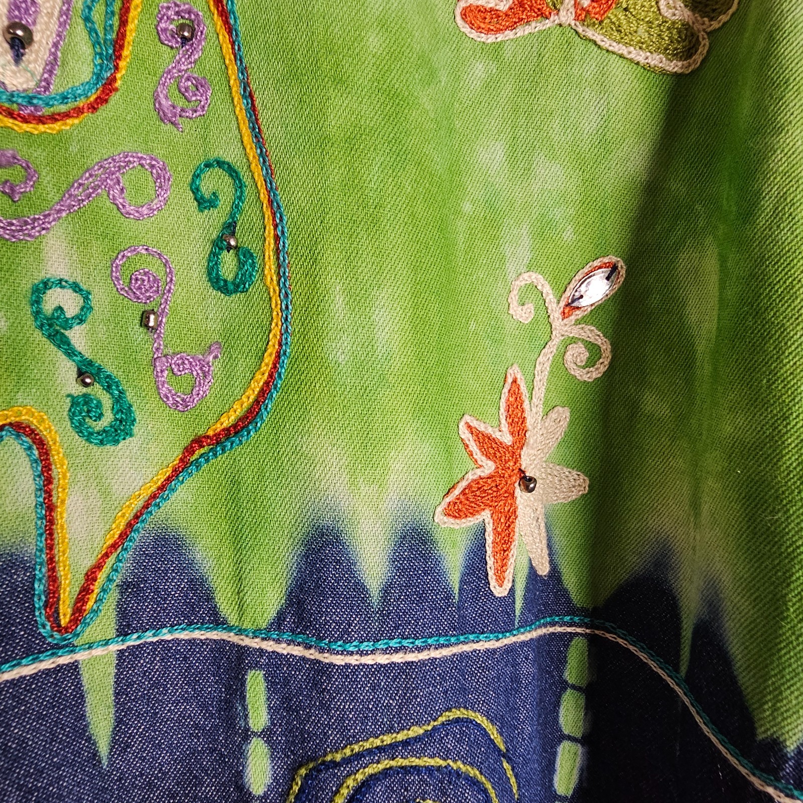 Indigo Moon Large Jacket Green Tie Dye Blue Denim Embroidered Beaded Boho Artsy