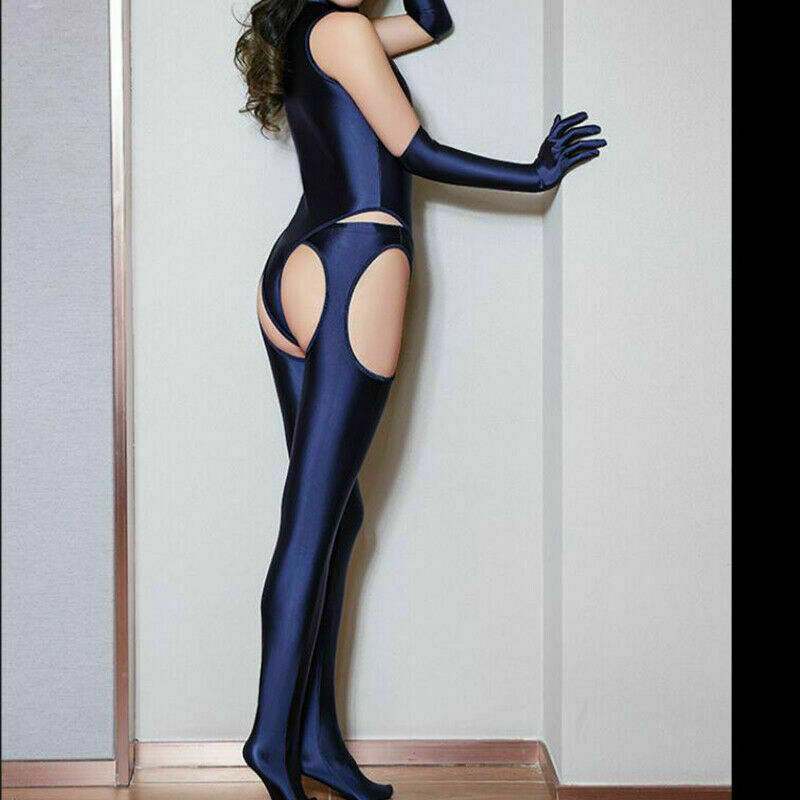 Women’s Shiny Satin Glossy Catsuit Zipper Bodysuit Pantyhose Gloves Jumpsuit SET