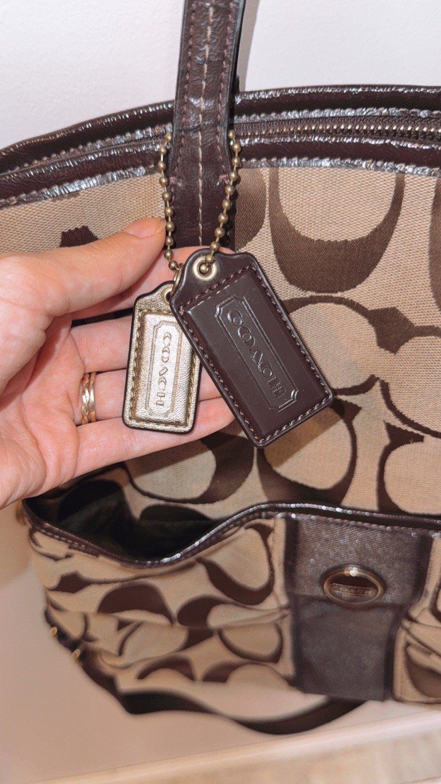 Coach Signature Stripe Foldover Tote F23304 Brown Monogram Canvas Leather Purse