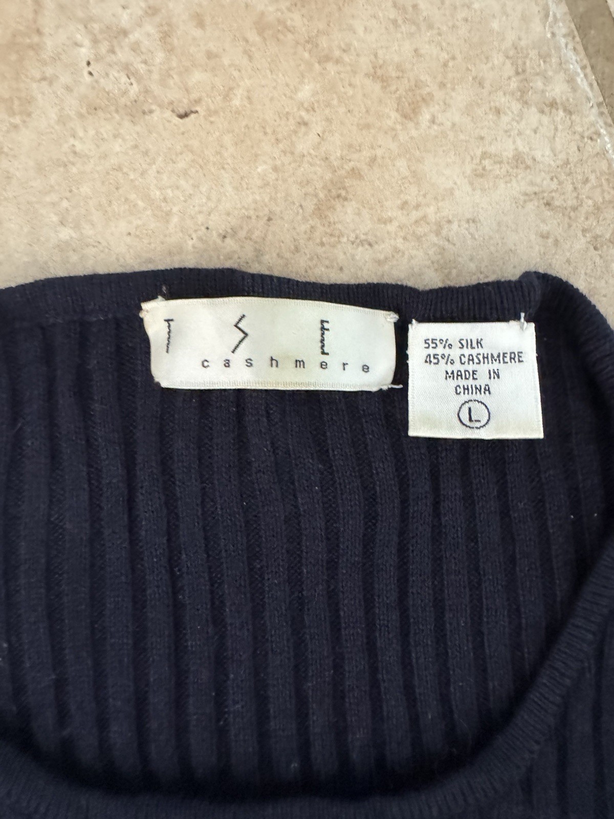 TSE Size L Navy Blue Cashmere Silk Short Sleeve Ribbed Pullover Shirt
