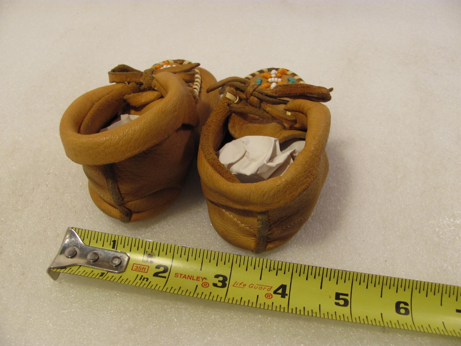 Baby Moccasins Size 4.5 Inches Genuine Brown Leather Vtg Beaded Decor Cute