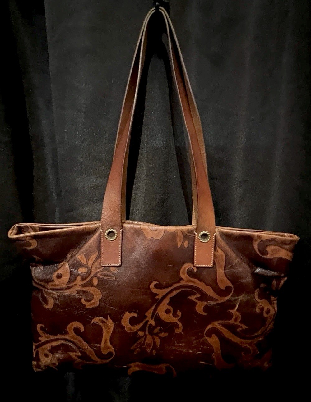 Falor Le Borse Leather Tote Tooled Embossed Brown Purse Bag Made in Italy 16×11