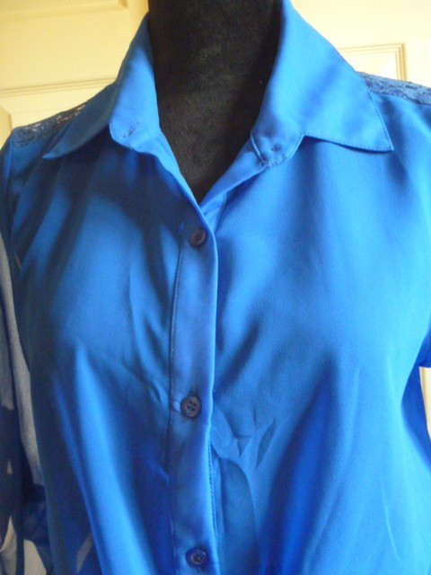 WET SEAL Royal Blue L Polyester Lace Yoke Buttons Tab Up Sleeves Casual Work