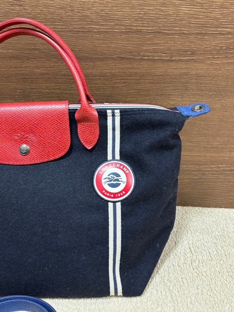 Longchamp Authentic Le Pliage Cocaldo Women 2WAY Tote Bag Rare Navy Red Used JPN